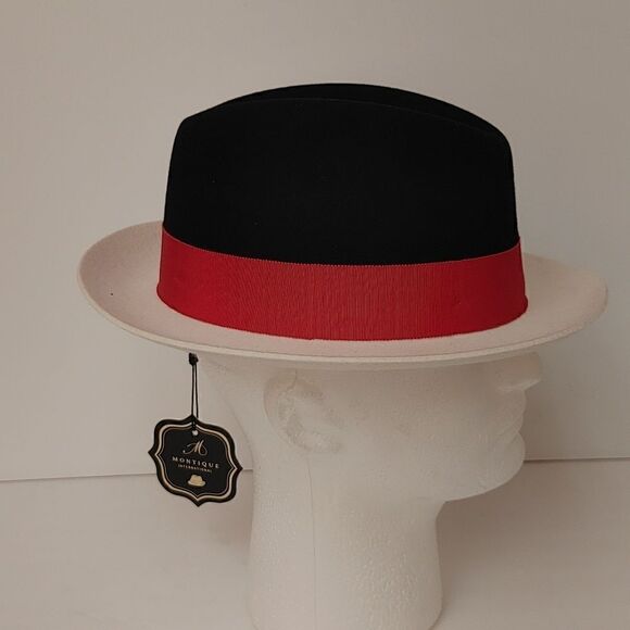 MEN'S MONTIQUE BLACK-WHITE 2 1/4" WIDE BRIM 100% WOOL FELT FEDORA HAT. H… - Picture 3 of 8